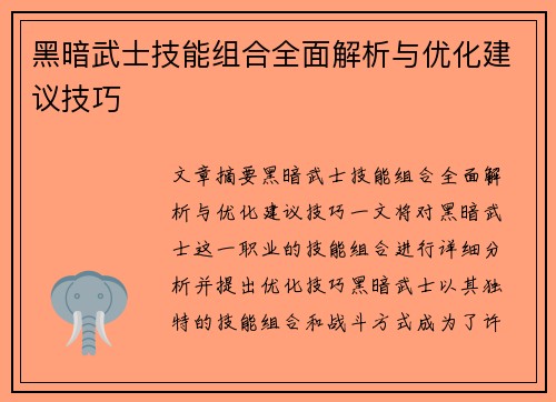 黑暗武士技能组合全面解析与优化建议技巧
